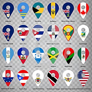 Twenty four Flags of American countries - alphabetical order with name.  Set of 2d geolocation signs like national flags of North