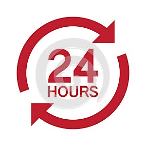 Twenty four hour with arrow loop icon, 24 hours cyclic sign, Opened order execution or delivery, All day business and service