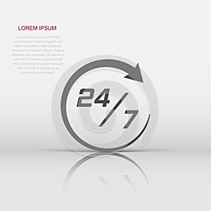 Twenty four hour clock icon in flat style. 24 7 service time illustration on white isolated background. Around the clock sign