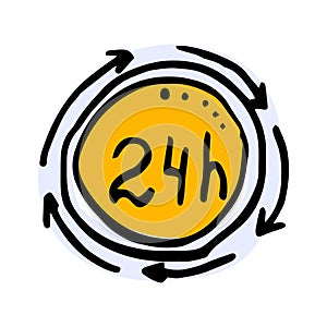 Twenty four hour icon, 24 hours cyclic sign with arrows, opened order execution or delivery, all day business and