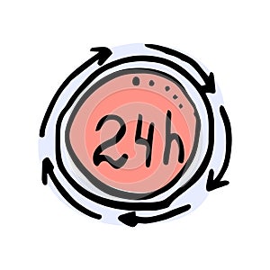 Twenty four hour icon, 24 hours cyclic sign with arrows, opened order execution or delivery, all day business and