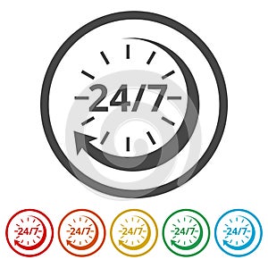 Twenty four hours open, Vector open hours icon, 6 Colors Included