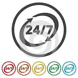 Twenty four hours open, Vector open hours icon, 6 Colors Included