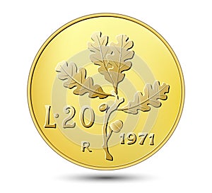 Twenty Italian lire isolated on white background.