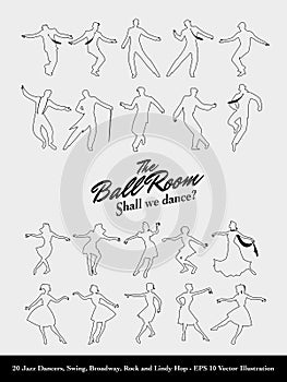Twenty Jazz Dancers Outlines. Swing, Boadway, Rock and Lindy Hop
