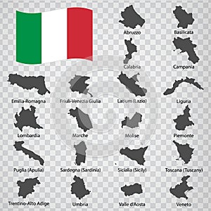 Twenty Maps regionÃâ of Italy - alphabetical order with name. Every single map of region are listed and isolated with wordings