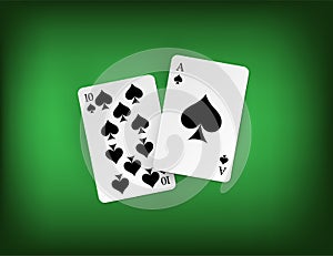 Twenty one points blackjack combination on green casino background. Vector gambling illustration.