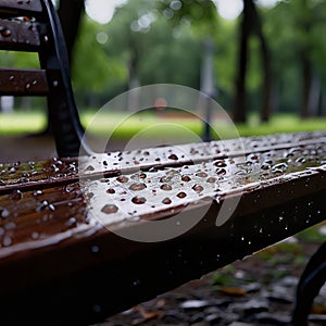 twenty one raindrops congregate on a park bench seemingly cnten photo
