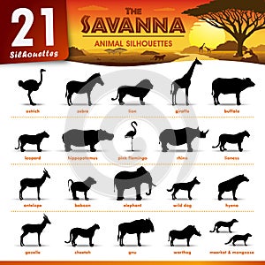 Twenty one Savanna animal silhouettes