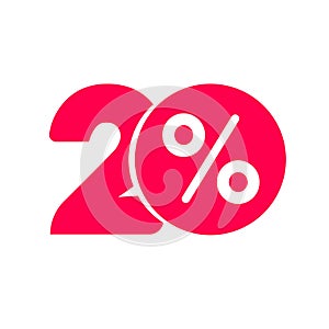 Twenty percent off discount or offer label vector promotion, flat red number 20 with price save percentage sign icon or