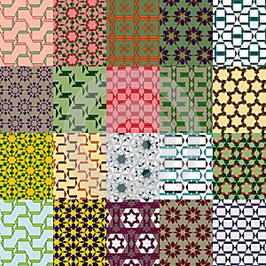 Twenty seamless repeat patterns design made with polygonal shapes like triangle, and hexagon.