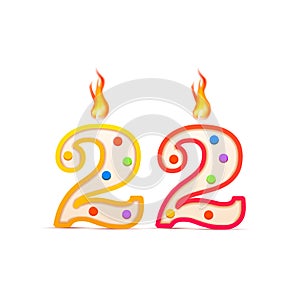 Twenty two years anniversary, 22 number shaped birthday candle with fire isolated on white