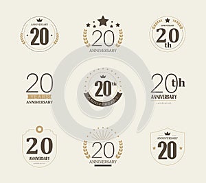 Twenty years anniversary celebration logotype. 20th anniversary logo set.