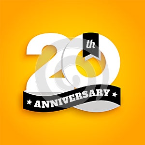 Twenty years anniversary logo with black ribbon, 20th years celebration isolated on yellow background. Vector.