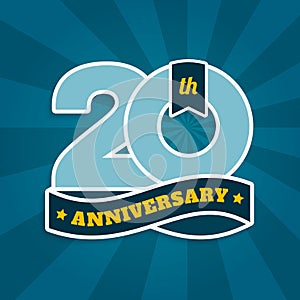 Twenty years anniversary with ribbon, 20th years celebration isolated on turquoise sun rays background. Vector.