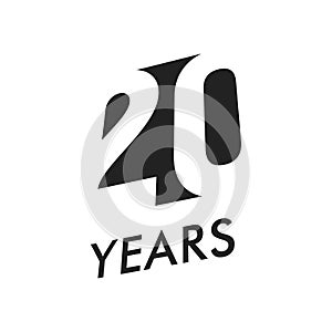 Twenty years vector emblem template. Anniversary symbol, negative space design. Jubilee black color icon. Happy 20th
