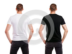 Twice man in blank white and black tshirt from back side on white background