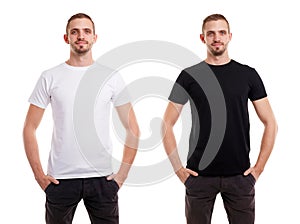 Twice man in blank white and black tshirt from front side on white background photo