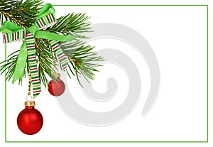 Twig of Christmas tree with red balls and festive ribbon bow with green frame isolated on white