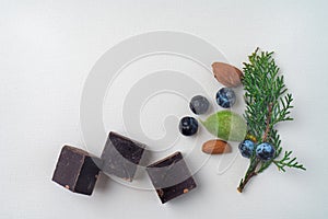 Twig of evergreen juniper with five blue old berries, three chocolate pieces and almonds nut, in springtime isolated on white