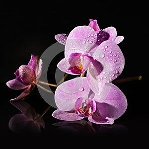Twig Orchid on a black background. dew drops on the petals.