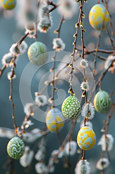 twig of willow with easter eggs hanging on it