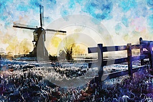 Twight light sunrise on the Unesco heritage windmill watercolor
