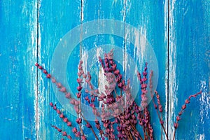 Twigs of Lavender Flowers on blue painted rustic wood background. Greeting card poster template for Easter Mother`s Day