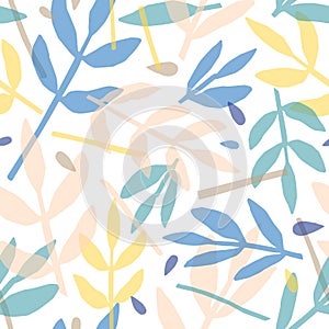 Twigs and leaves hand drawn vector seamless pattern. Forest flora flat background, backdrop. Fern, rowan leafage photo