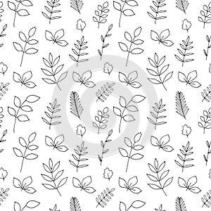 Twigs and leaves seamless pattern vector illustration, hand drawing doodles