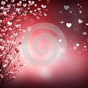 Twigs with pink hearts, smudged background with bokech red effect.Valentine\'s Day banner with space for your own content.