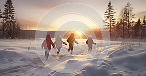Twilight Adventures - A Group of Children Playing Amidst Winter\'s Splendor with a Forest and the Setting Sun as a Canvas