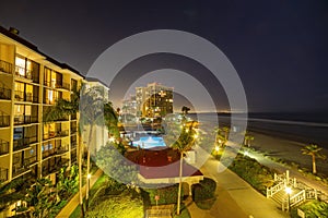 Twilight aerial view of the Historical Hotel del Coronado and beach