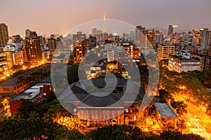 Twilight aerial view of the Zhongzheng District cityscape