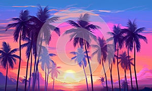 Twilight on the beach. Colorful pink sunset on tropical ocean beach with coconut palm trees silhouettes