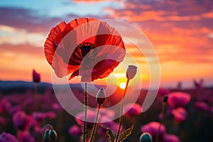 Twilight bloom singular poppy in vibrant sunset glow, spring session photos