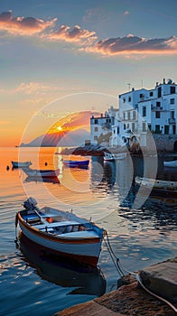 Twilight casts a reflective glow over a coastal hamlet, highlighting the quiet charm of the moored boats and placid