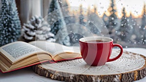 At twilight during the Christmas season. It\'s snowing outside the window. Reading while drinking coffee. blissful time.