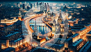 Twilight descends over Moscow, casting the city\'s landmarks and the Moskva River in a luminous glow