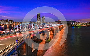 Twilight at Dongjak Bridge and Han river in Seoul City , South Korea