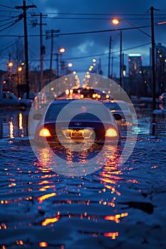 Twilight Flood Scene with Submerged Vehicles. Flood consequences. Concept climate change photo
