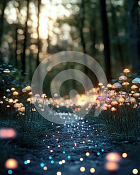 Forest Clearing with Colorful Bioluminescent Mushrooms Illuminating the Twilight Scene photo