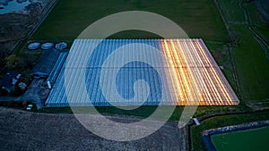 Twilight Glow on Aerial View of Sprawling Greenhouse