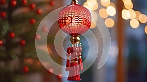 Twilight Glow: Intricate Red Chinese Lantern with Gold Detailing and Tassel