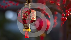 Twilight Glow: Intricate Red Chinese Lantern with Gold Detailing and Tassel