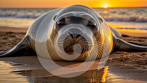 Twilight Glow A Monk Seal\'s Reflection at Dusk photo