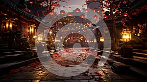 Twilight Glow: Vibrant Chinese Lanterns and Firecrackers in a Traditional Courtyard photo