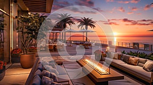 Twilight graces a plush outdoor terrace in a luxury hotel overlooking the sea