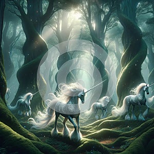 Twilight Guardians: AI Generated Unicorns Among Old Twisted Forest Trees