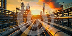 Twilight Illumination Over Industrial Oil and Gas Pipelines at a Processing Facility